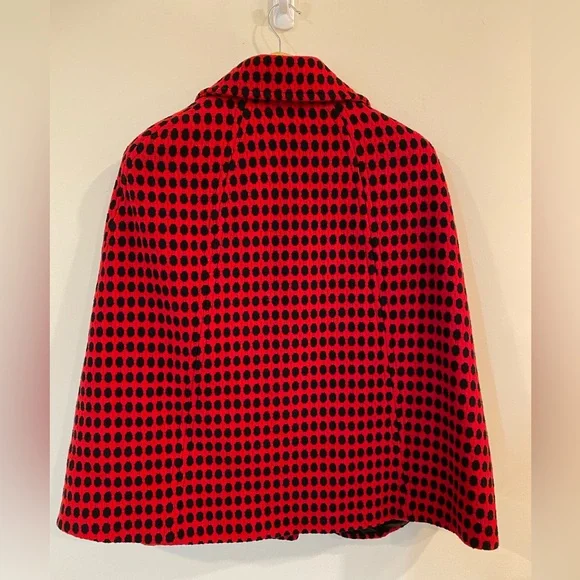 MILLY Beautiful Red & Black Circle Check 100% Wool Cape Lined Rare